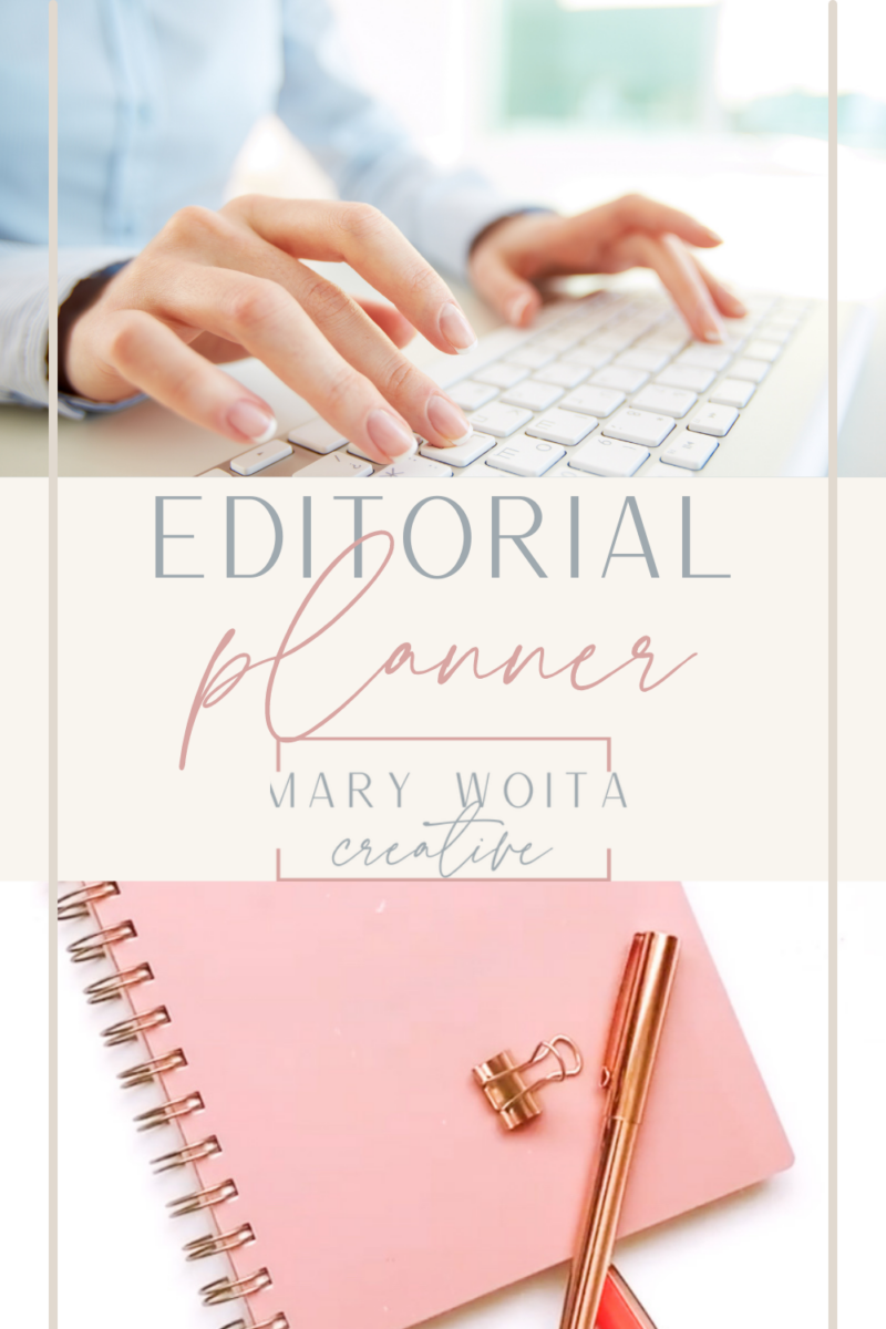 light pink planner with a gold pen on desk top and lady typing on computer keyboard