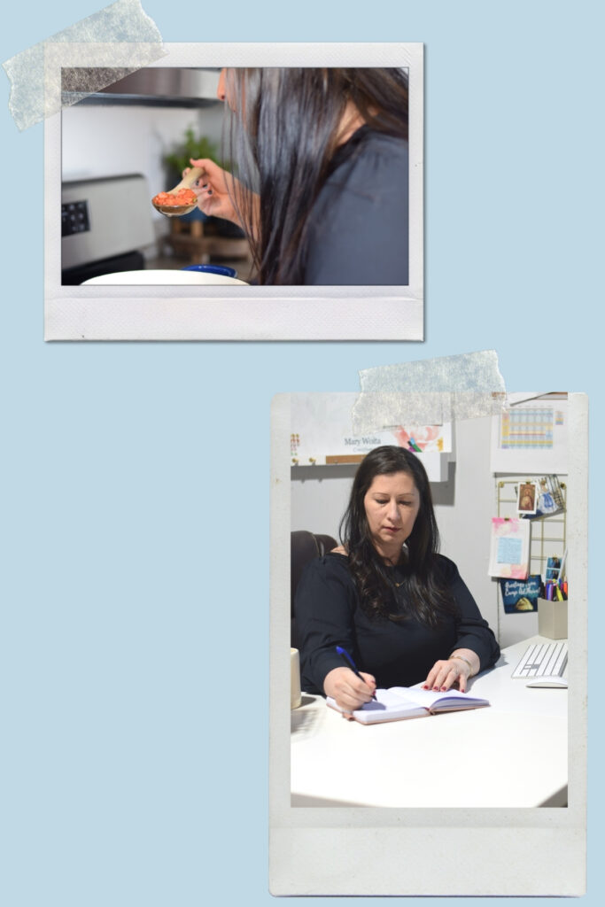 photo collage of working in the kitchen with light blue background