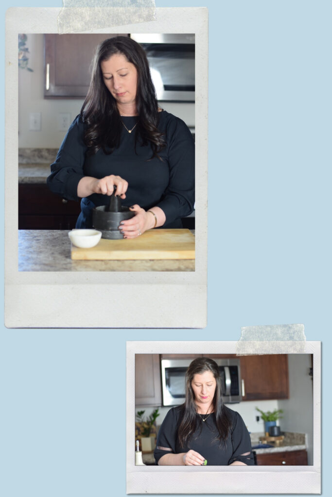 photo collage of working in the kitchen with light blue background