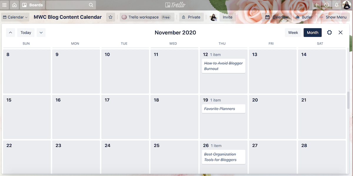 screen shot of blog editorial calendar 