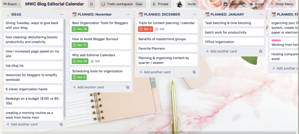 screen shot of the cards inside of one of my editorial calendars in Trello