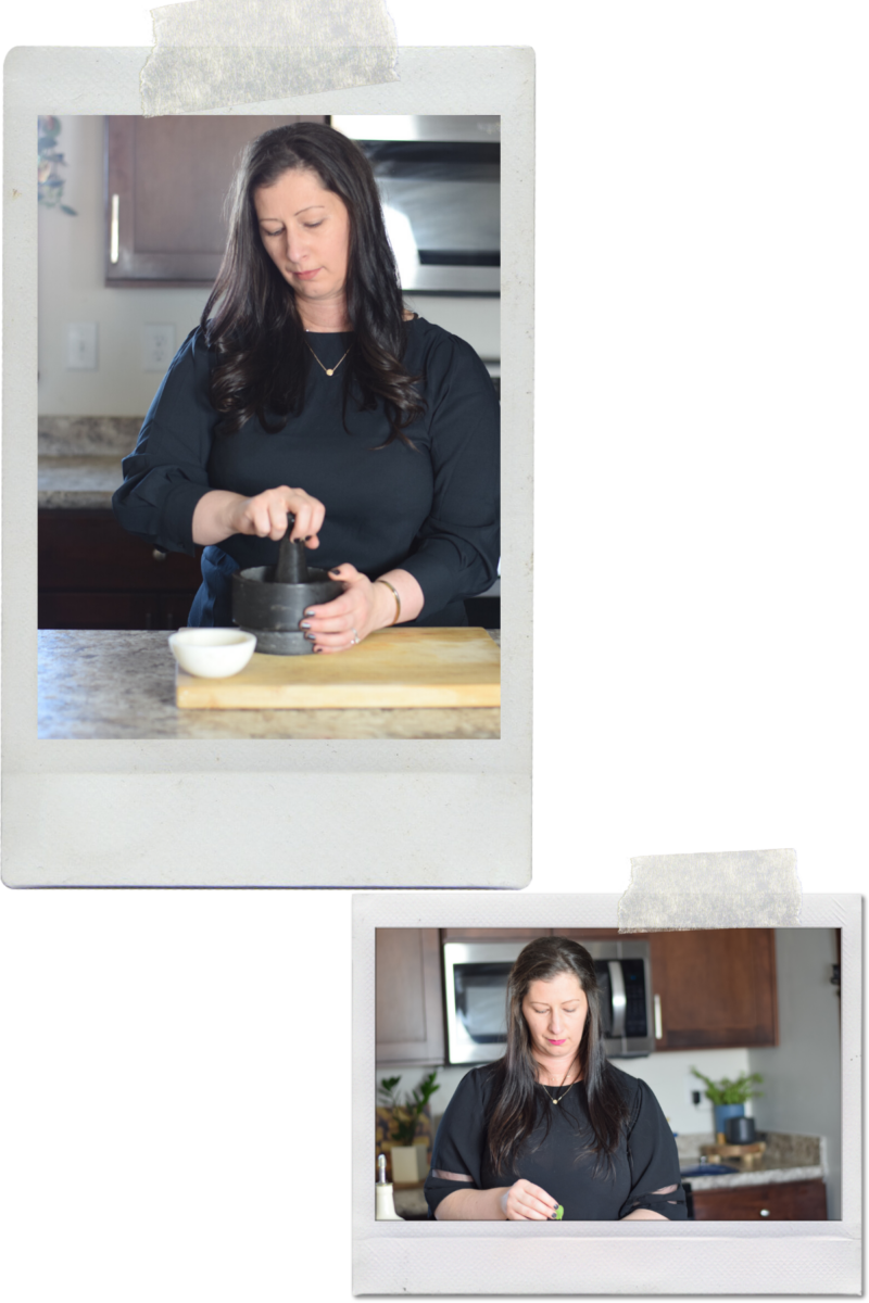 photo collage of two images of Mary working in the kitchen 